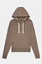 The Joey Fleece Hoodie - Lentil by SPLITS59 is a plain taupe hooded sweatshirt featuring white drawstrings, a front pouch pocket, and long sleeves, crafted from a comfortable spandex blend and shown laid flat on a white background.