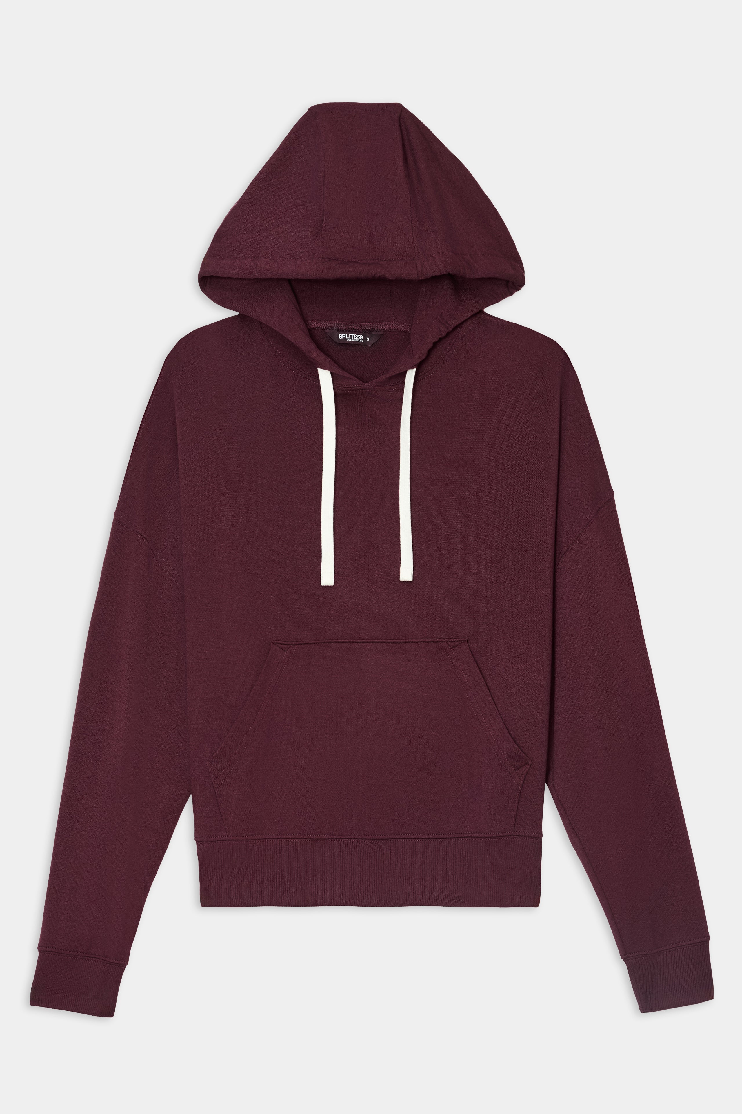 Joey Fleece Hoodie - Dark Cherry by SPLITS59, made from a soft modal and spandex blend, features white drawstrings and a front kangaroo pocket, displayed flat on a white background.