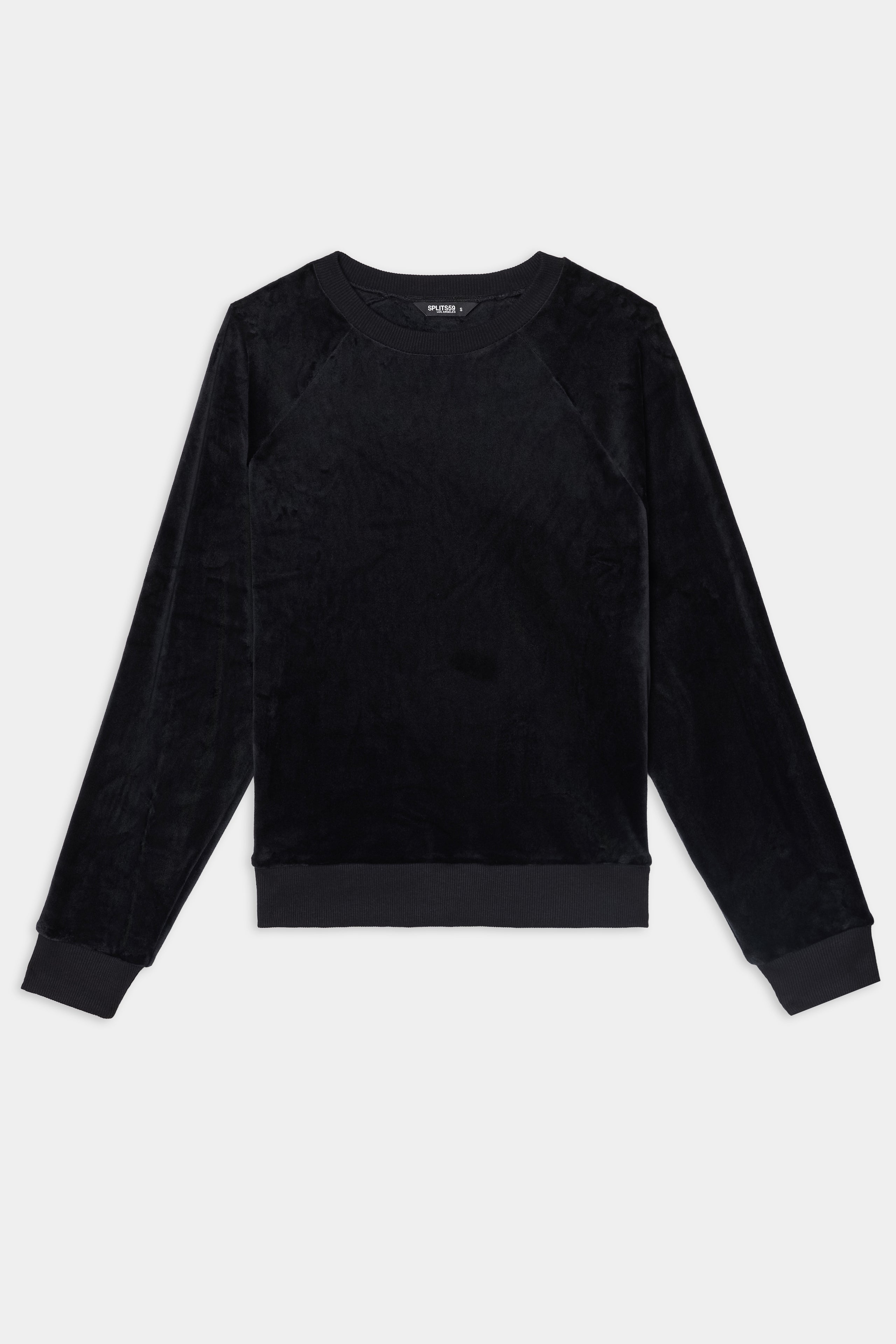 The Joy Velour Crewneck - Black by SPLITS59 is a black, long-sleeve sweatshirt in velvety polyester-spandex, shown flat on a white background.