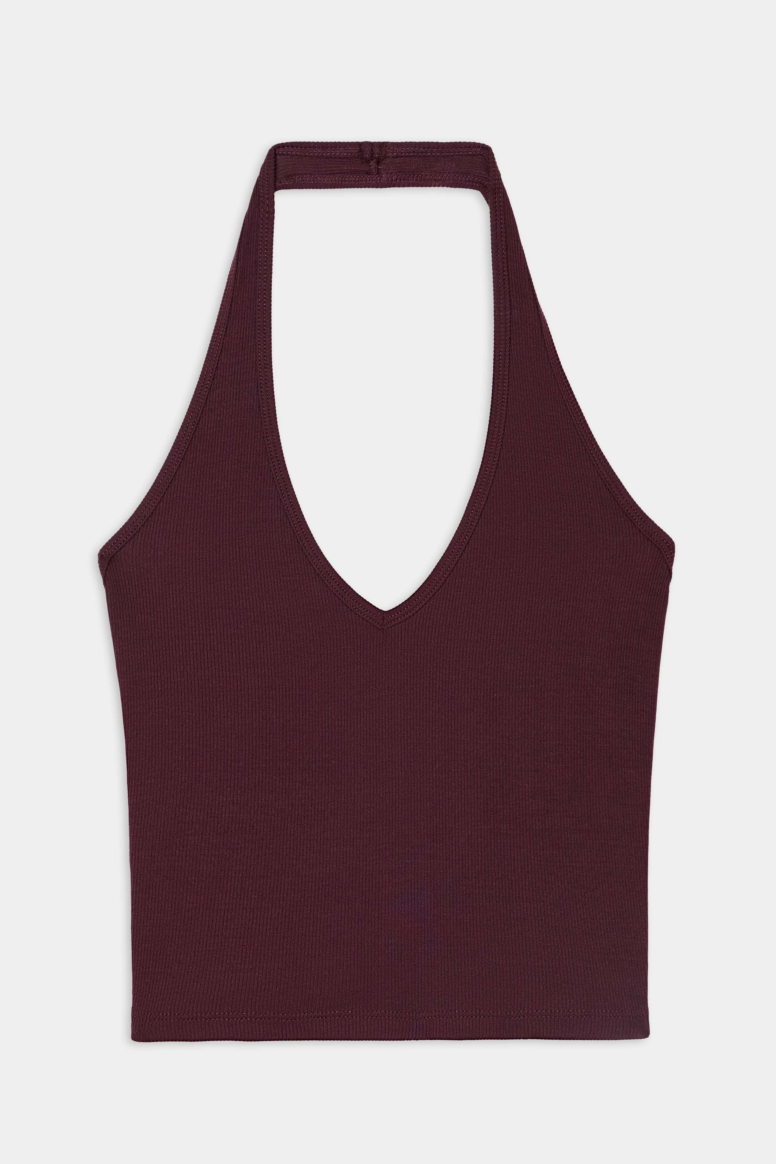 The June Rib Halter in Dark Cherry by SPLITS59 is a sleeveless, ribbed halter top made from a stretchy spandex blend, featuring a deep V-neck and displayed flat on a white background.