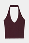 The June Rib Halter in Dark Cherry by SPLITS59 is a sleeveless, ribbed halter top made from a stretchy spandex blend, featuring a deep V-neck and displayed flat on a white background.