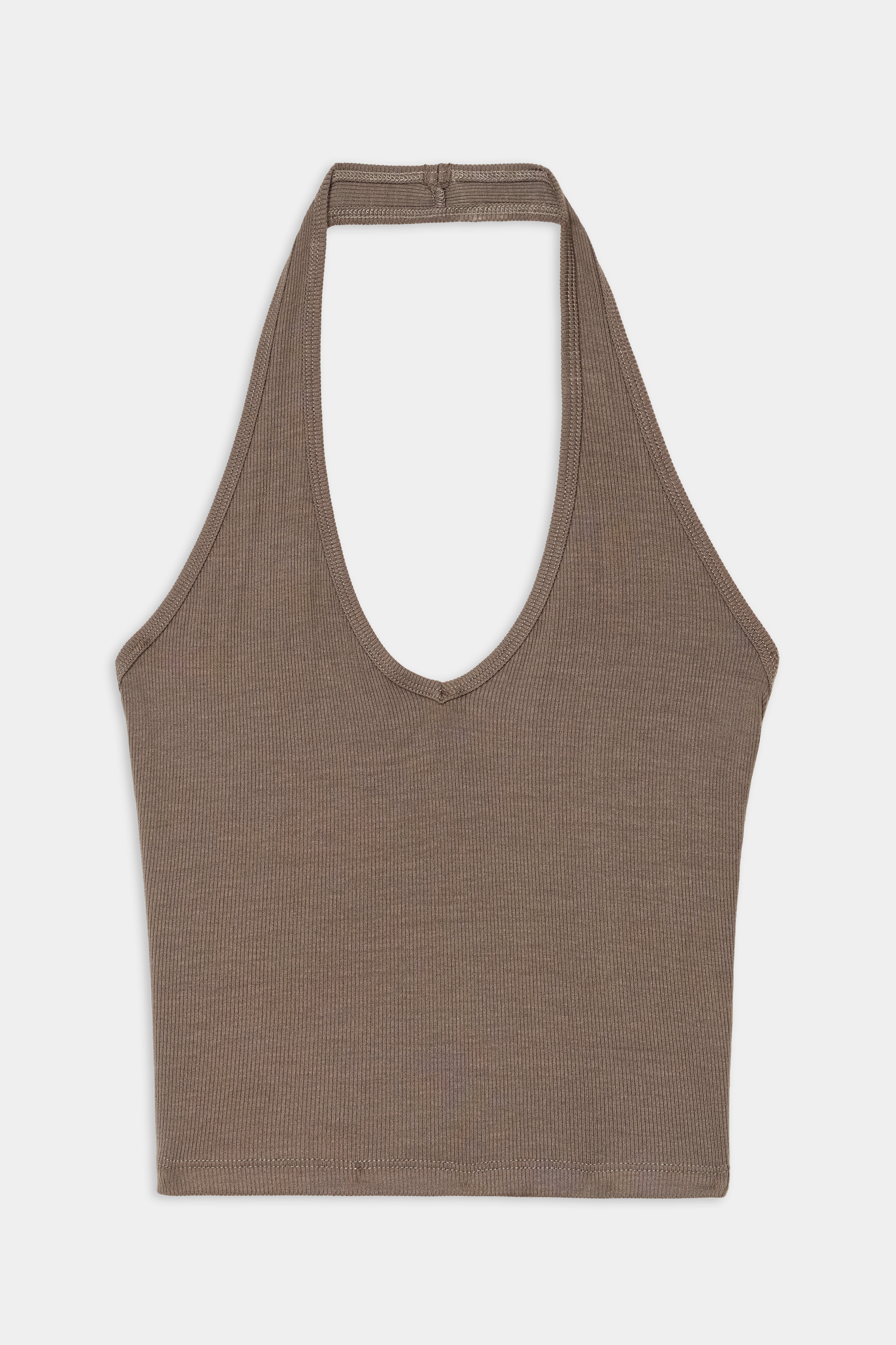 June Rib Halter - Lentil by SPLITS59, featuring a brown ribbed design with a scoop neckline, crafted from soft modal fabric blended with spandex for stretch, shown flat against a white background.