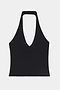 The SPLITS59 June Rib Halter in black features a deep V-neckline and halter-neck design, crafted from a soft modal blend and shown laid flat against a white background.