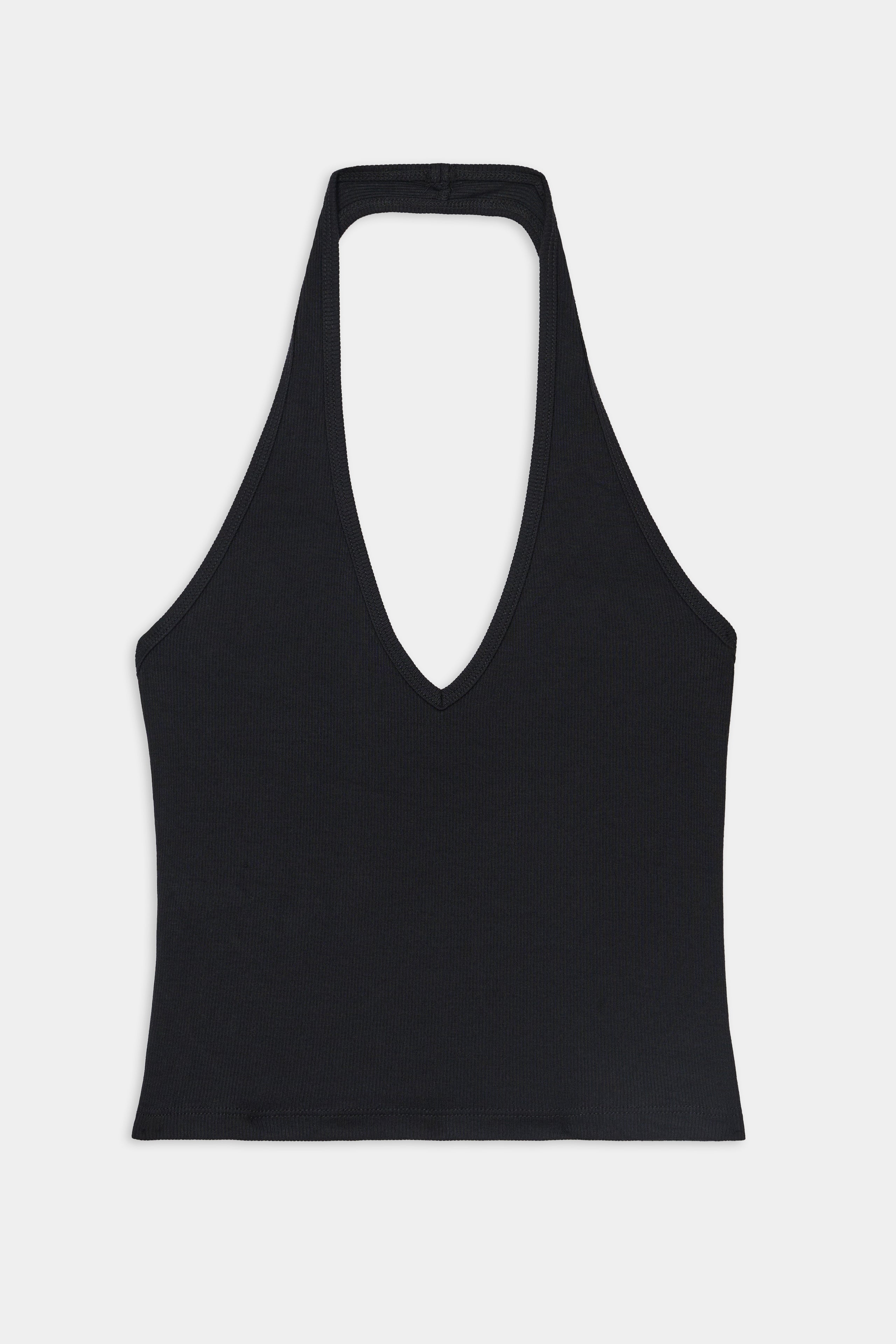 The SPLITS59 June Rib Halter in black features a deep V-neckline and halter-neck design, crafted from a soft modal blend and shown laid flat against a white background.