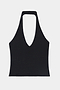 The SPLITS59 June Rib Halter in black features a deep V-neckline and halter-neck design, crafted from a soft modal blend and shown laid flat against a white background.