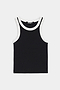 Sleeveless black tank top with white trim around the neckline and armholes, laid flat on a white background.