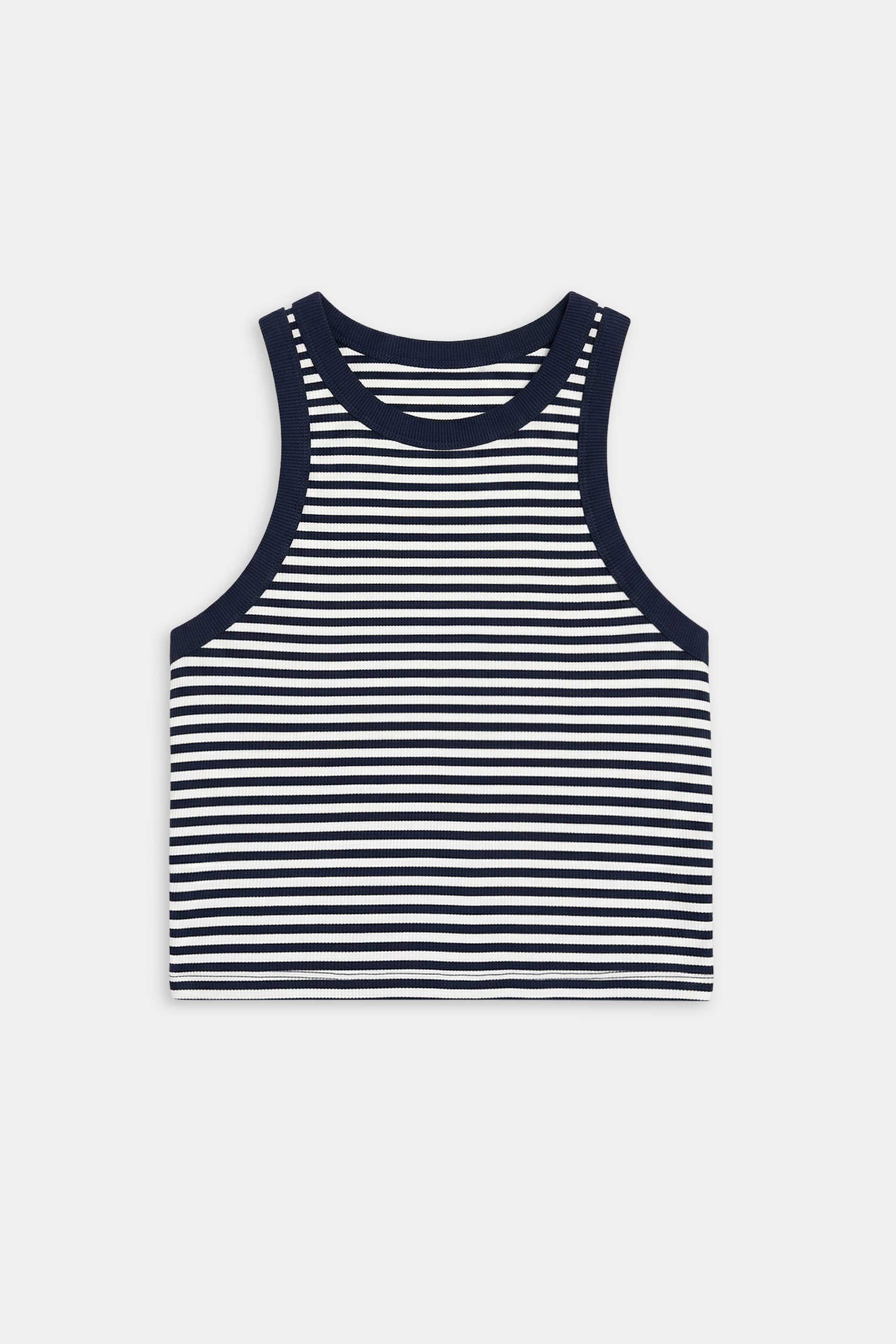 The SPLITS59 Kiki Rib Crop Tank in White/Indigo Stripe features a sleeveless crew neck design and soft baby rib fabric—ideal for gym sessions or casual wear. Laid flat on a plain white background.