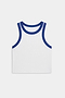 The SPLITS59 Kiki Rib Crop Tank in White/Cobalt is a sleeveless, white cropped top with cobalt ribbed trim at the neckline and armholes, made from soft baby rib fabric and shown flat on a white background.
