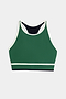 The Layla Airweight Bra in Arugula/Indigo by SPLITS59 is ideal for hot yoga, showcasing a white trim and comfortable racerback design against a plain white background.