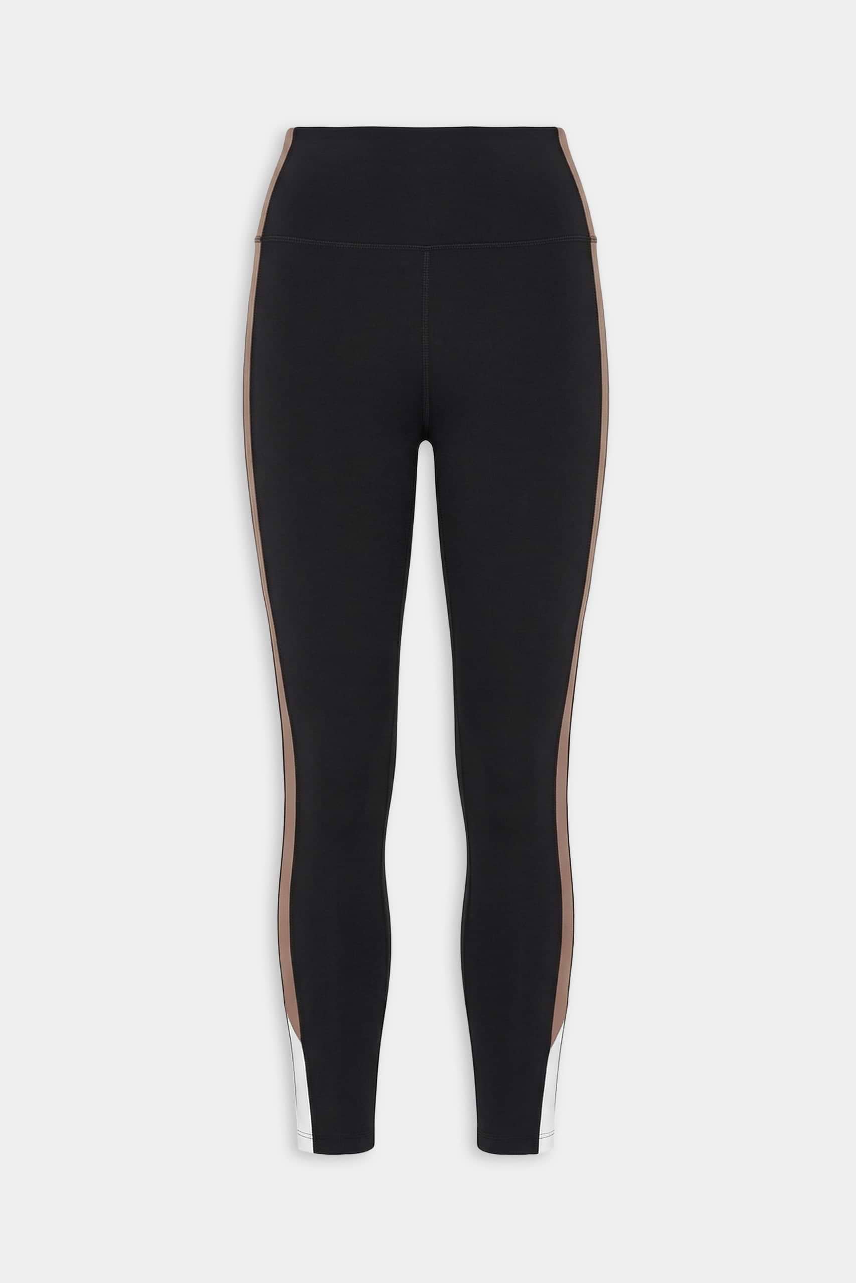 The SPLITS59 Layla Airweight High Waist 7/8 legging in Black/Lentil features soft Airweight fabric and brown and white side panels—ideal for hot yoga. Shown on a plain white background.
