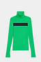 The SPLITS59 Lennon Rib Turtleneck in Grass/Indigo features bright green ribbing and a navy chest stripe—ideal for yoga or running, shown laid flat on a white background.