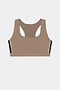 SPLITS59 Lexi Rigor Bra in Lentil/Black—a racerback sports bra featuring black and white side panels, crafted from a soft nylon-spandex blend—displayed flat on a white background.