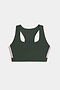 The SPLITS59 Lexi Rigor Bra, a dark green racerback sports bra featuring pink and white side stripes, is displayed on a white background.