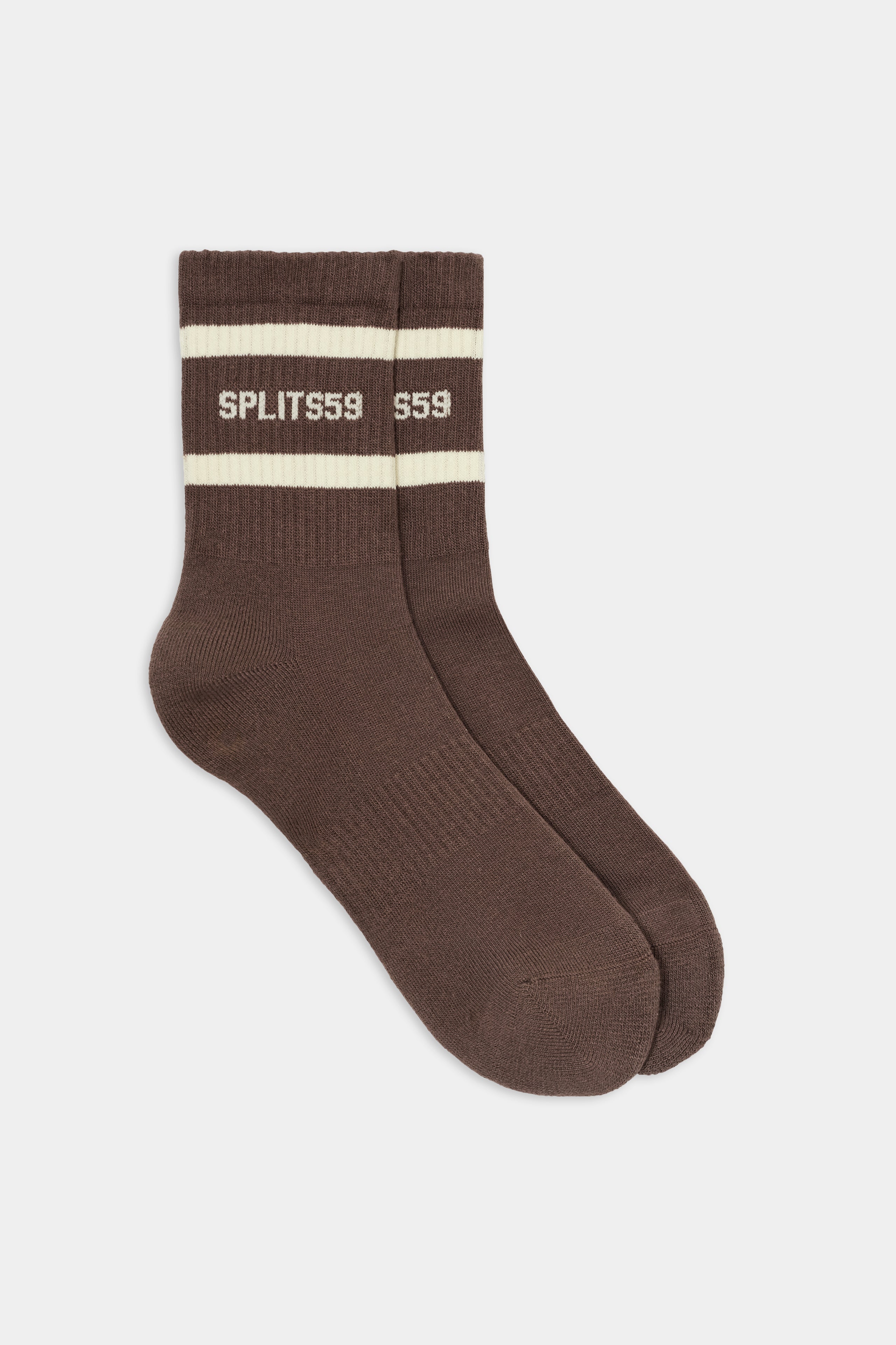 SPLITS59 Logo Stripe Quarter Socks in Lentil/Creme, featuring white stripes and “SPLITS59 S59” text at the cuffs, are crafted from soft cotton with a touch of spandex to ensure they stay comfortably in place all day. Shown on a plain white background.