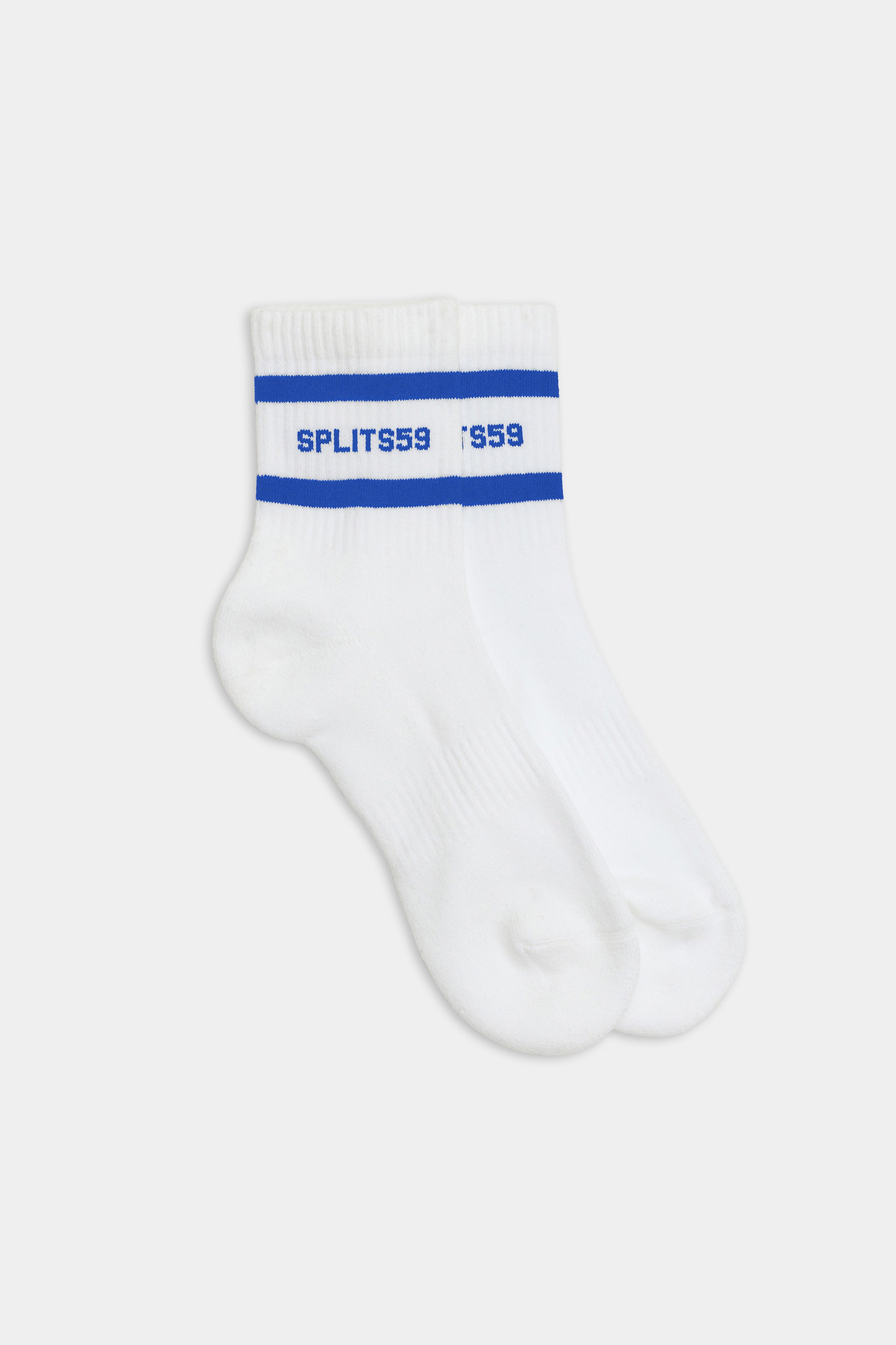 SPLITS59 Logo Stripe Quarter Socks - White/Cobalt: White cotton socks with cobalt stripes and “SPLITS59” in blue near the top.