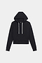The SPLITS59 Joey Fleece Hoodie - Black features a soft spandex blend, long sleeves, front kangaroo pocket, and white drawstrings. Displayed on a plain white background.