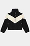 The SPLITS59 Lottie Chevron Sherpa Full Zip Jacket in Black/Creme is crafted from 100% polyester fleece and features a striking white chevron pattern across the chest and arms, along with a high collar, zip front, and convenient side pockets.