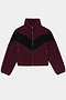 The SPLITS59 Lottie Chevron Sherpa Full Zip Jacket in Dark Cherry/Black is a cropped fleece jacket made from soft 100% polyester, featuring a black chevron stripe across the chest and sleeves, a front zipper, and two zippered pockets.