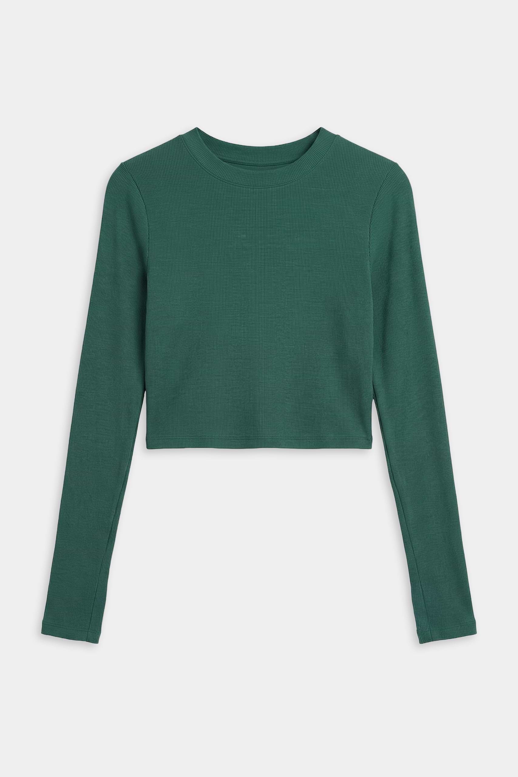 The SPLITS59 Louise Rib Long Sleeve Crop in Arugula, a dark green baby rib crew neck shirt, is shown laid flat on a white background.