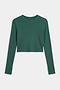 The SPLITS59 Louise Rib Long Sleeve Crop in Arugula, a dark green baby rib crew neck shirt, is shown laid flat on a white background.