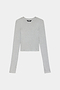 A plain light gray long-sleeve crop top is laid flat on a white background.