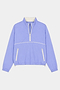 The SPLITS59 Lyle Woven Nylon Pullover in Purple Haze/Creme features a soft nylon-spandex blend, white zipper accents, high collar, elastic cuffs and hem, and two front zippered pockets.