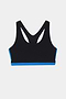 The SPLITS59 Maci Airweight Bra in Black/Classic Blue features a racerback design with a sporty contrast stripe and blue trim at the bottom, perfect for gym workouts, shown against a white background.