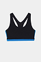 The SPLITS59 Maci Airweight Bra in Black/Classic Blue features a racerback design with a sporty contrast stripe and blue trim at the bottom, perfect for gym workouts, shown against a white background.