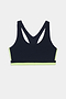 The SPLITS59 Maci Airweight Bra in Indigo/Limeade features a racerback design and a vibrant limeade band at the bottom, displayed on a plain white background.