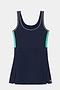 The SPLITS59 Martina Rigor Color Block Dress in Indigo/Spearmint is a sleeveless tennis dress with white piping, green side panels, a fitted bodice, pleated skirt, stretch nylon-spandex fabric, and a small "S19" logo near the hem.