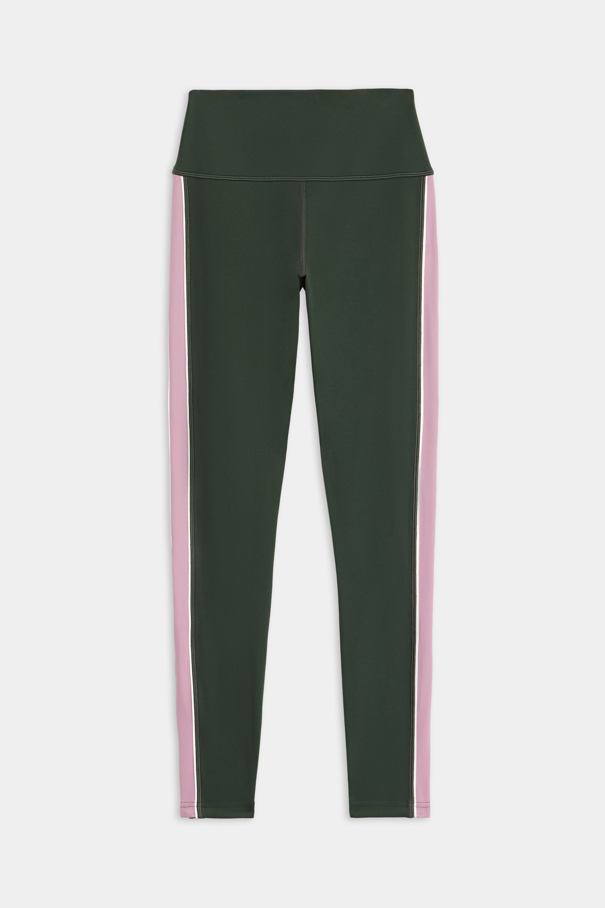 The SPLITS59 Margot Rigor Legging in Military/Blush features dark green fabric with light pink side panels and a high waistband, displayed flat on a white background.
