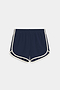 The SPLITS59 Megan Woven Nylon Run Short in Indigo/Creme features a curved hem, elastic waistband, and white trim. Made from a comfortable spandex-nylon blend, the shorts are displayed flat on a white background.