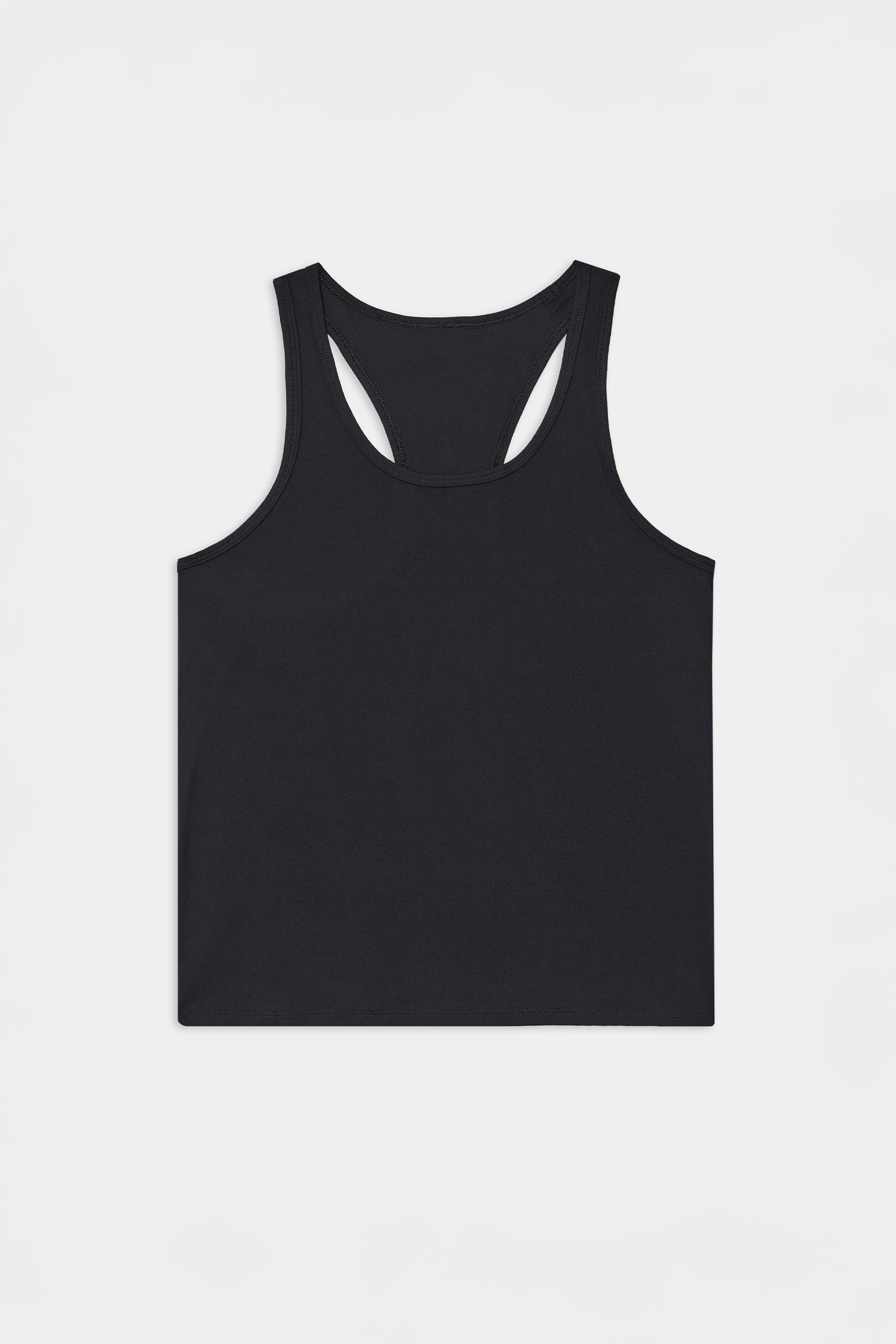 The SPLITS59 Mel Airweight Lite Tank in black, a racerback style ideal for hot yoga or Pilates, is shown laid flat on a white background.