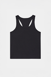 The SPLITS59 Mel Airweight Lite Tank in black, a racerback style ideal for hot yoga or Pilates, is shown laid flat on a white background.