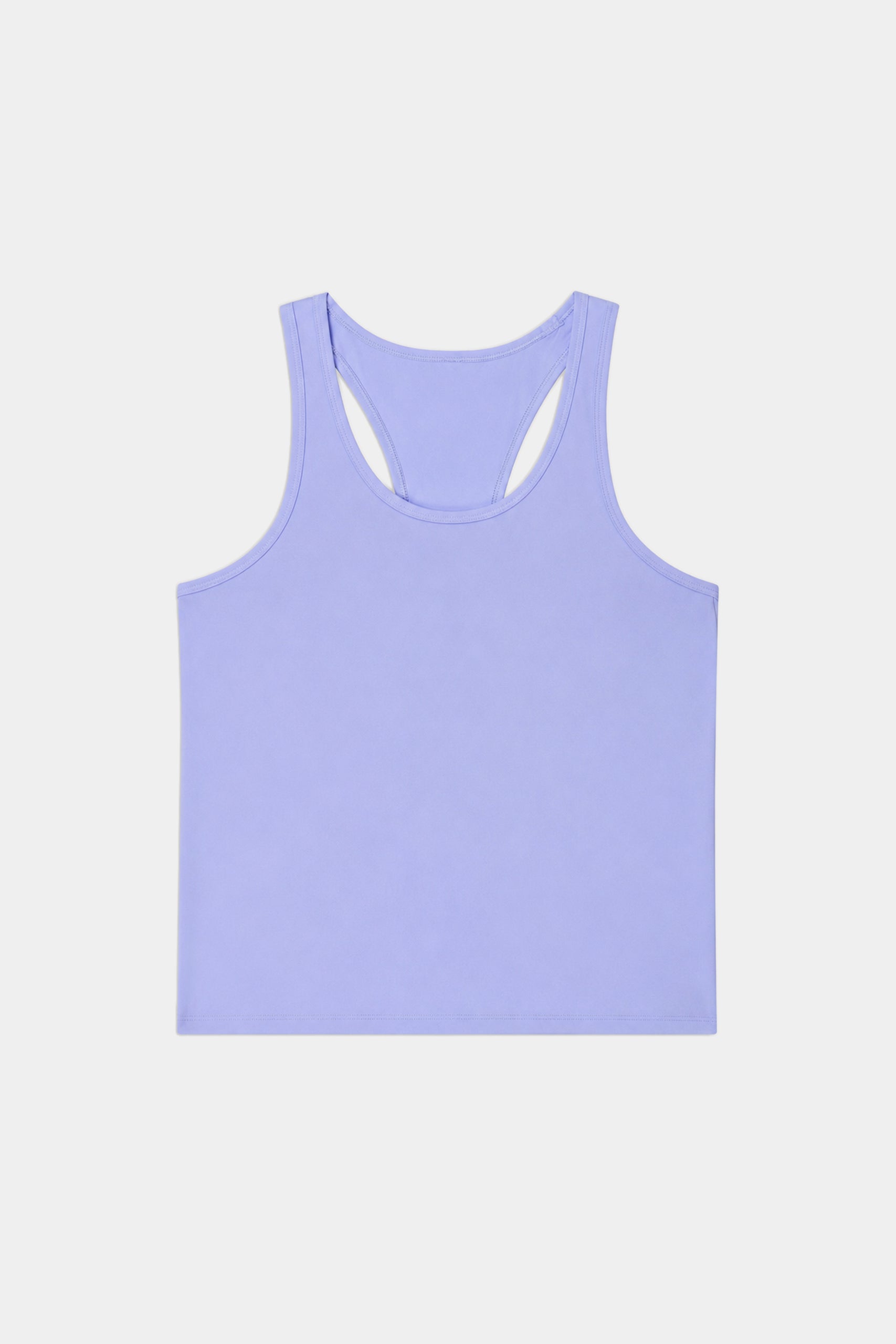 The SPLITS59 Mel Airweight Lite Tank in Purple Haze, made from a soft nylon-spandex blend, is shown racerback style laid flat on a white background.