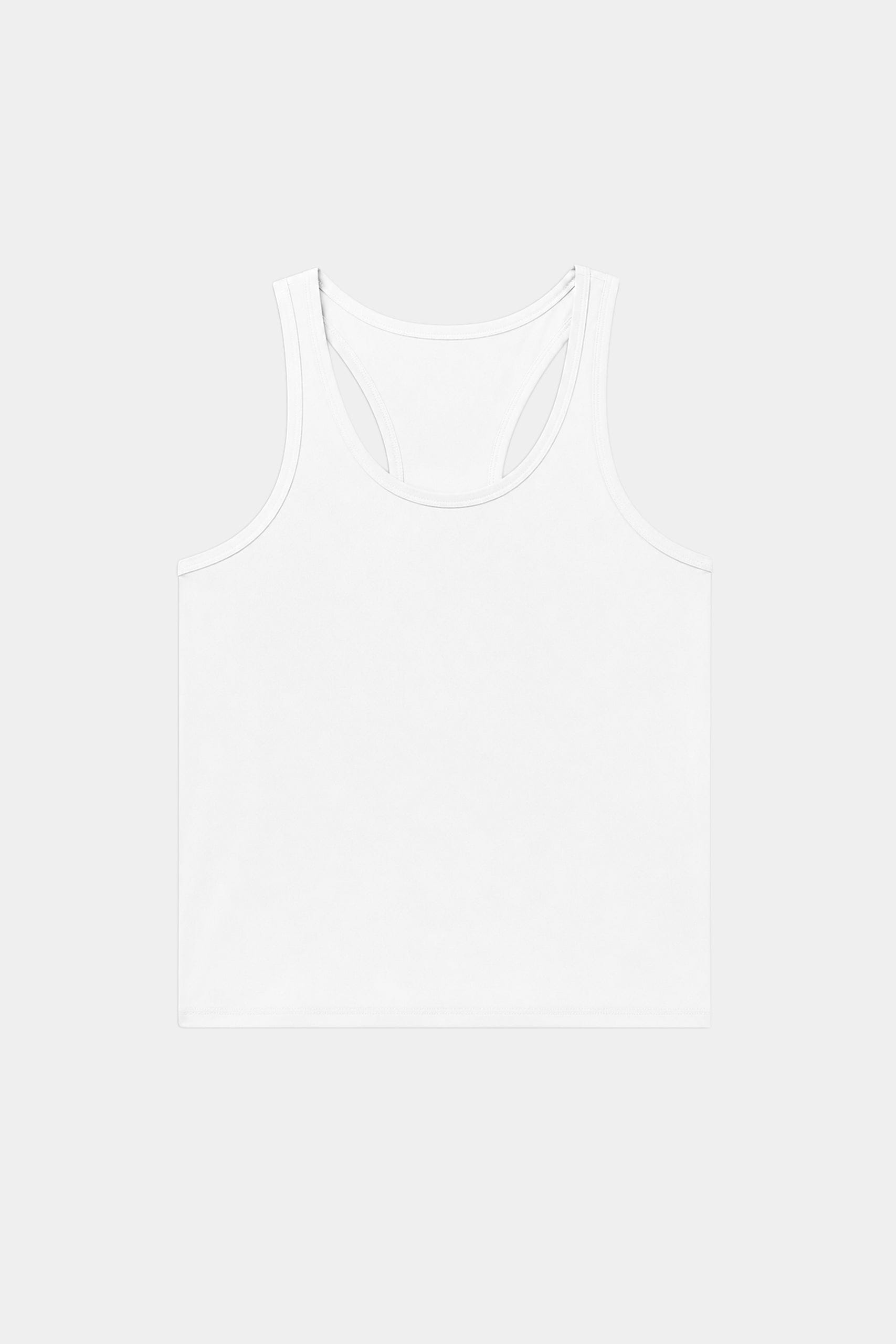 The SPLITS59 Mel Airweight Lite Tank in white is laid flat on a light gray background, making it an ideal pick for Pilates or hot yoga sessions.