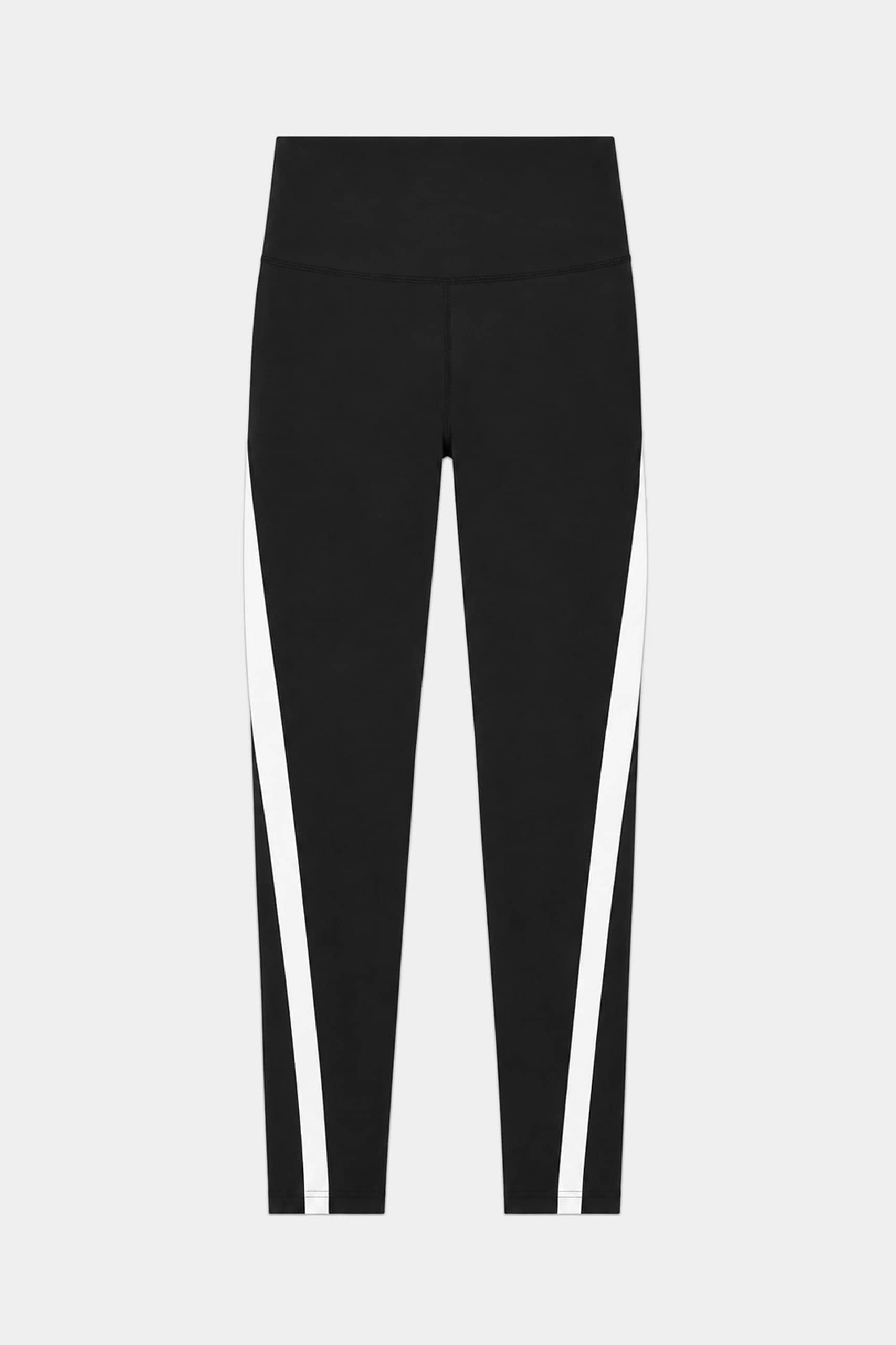 The SPLITS59 Miles High Waist Rigor 7/8 leggings in Black/White feature a form-fitting design with white diagonal stripes and supportive Rigor fabric, ideal for gym workouts. Shown against a plain light background.