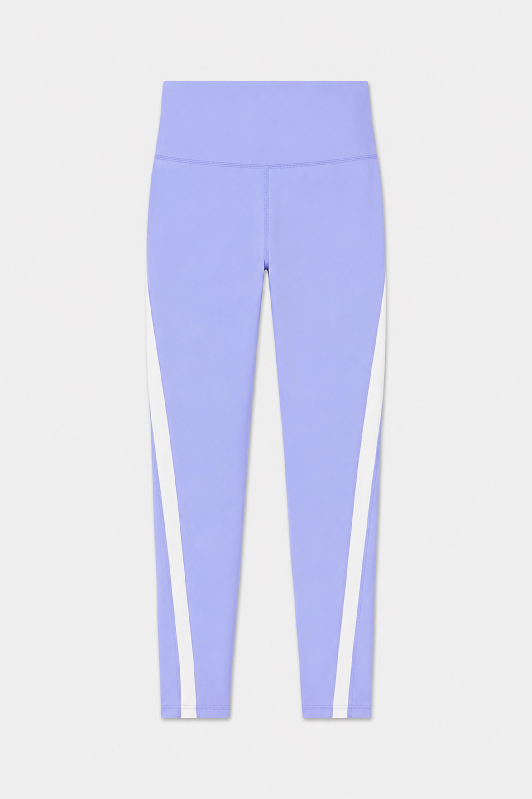 The SPLITS59 Miles High Waist Rigor 7/8 in Purple Haze/White features white diagonal side stripes, ideal for yoga or gym sessions, and is shown on a plain light background.