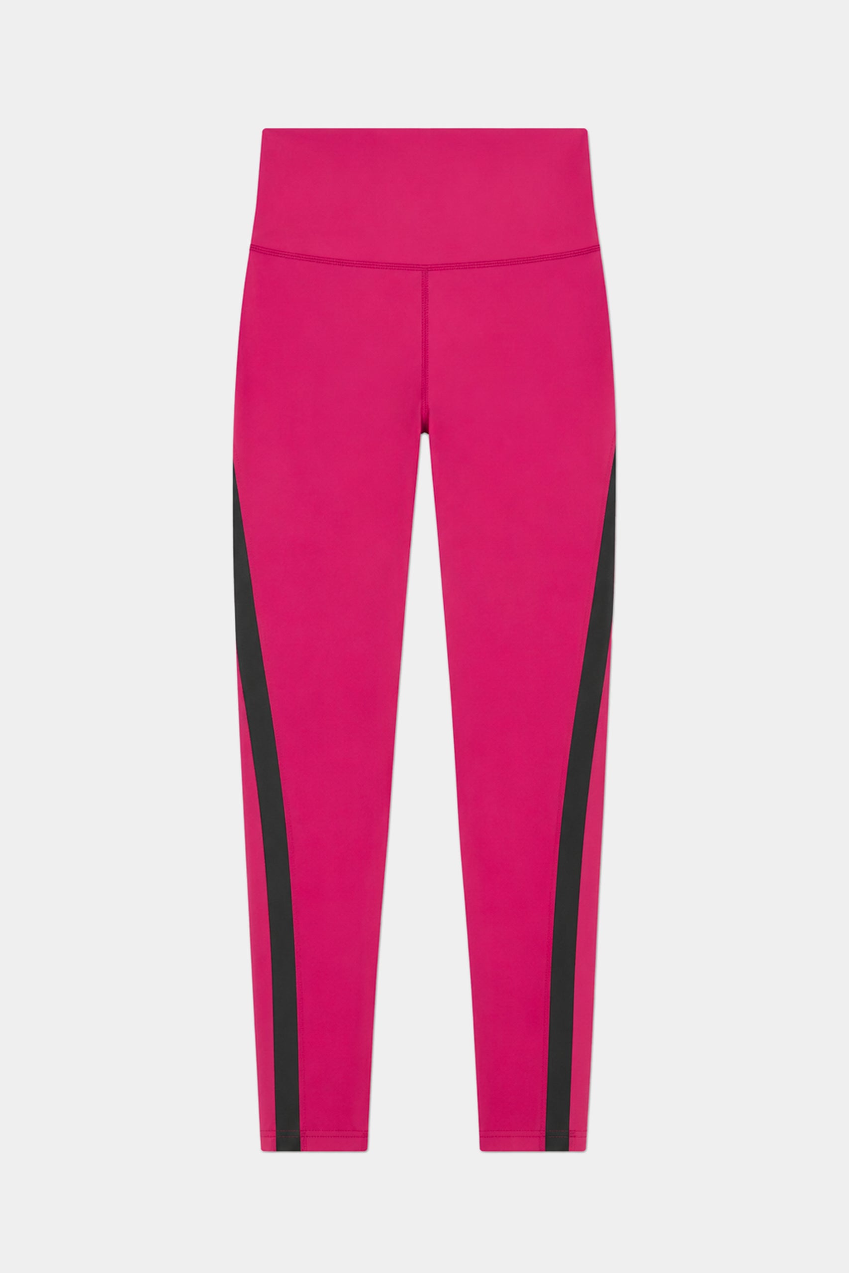 The SPLITS59 Miles High Waist Rigor 7/8 leggings in Sangria/Black feature a bright pink design with black vertical side stripes, crafted from a nylon-spandex blend, shown on a plain white background.