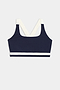 The Miles Rigor Bra by SPLITS59, featuring a navy design with wide white straps and a white band under the bust, is displayed on a light gray background.