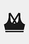 The SPLITS59 Miles Rigor Bra - Black/White features a white horizontal stripe near the hem and distinctive crisscross back straps, shown on a plain white background—ideal for your next workout.