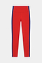 The SPLITS59 Clare High Waist Rigor 7/8 leggings in Lotus Red/Cobalt feature blue side stripes, performance Rigor fabric, and a high waist—perfect for gym workouts and shown laid flat on a white background.