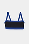 The Monah Rigor Bra - Black/Cobalt by SPLITS59 features double blue straps and blue trim on black, made from stretchy fabric, shown on a plain white background.