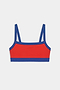 The SPLITS59 Monah Rigor Bra in Lotus Red/Cobalt features blue straps and trim, shown against a plain white background.