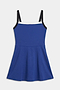 The SPLITS59 Monah Rigor Dress in cobalt and black features a sleeveless design, black shoulder straps, and a white neckline trim, shown flat on a white background.