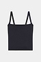 A plain black spaghetti strap tank top laid flat against a white background.