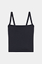 A plain black spaghetti strap tank top laid flat against a white background.