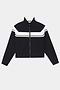 The SPLITS59 Morrison Nylon Twill Track Jacket in Black/Creme is crafted from a comfortable nylon-spandex blend and features a striking white chevron stripe across the chest and shoulders, long sleeves, and a high collar, displayed laid flat on a white background.