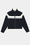 The SPLITS59 Morrison Nylon Twill Track Jacket in Black/Creme is crafted from a comfortable nylon-spandex blend and features a striking white chevron stripe across the chest and shoulders, long sleeves, and a high collar, displayed laid flat on a white background.