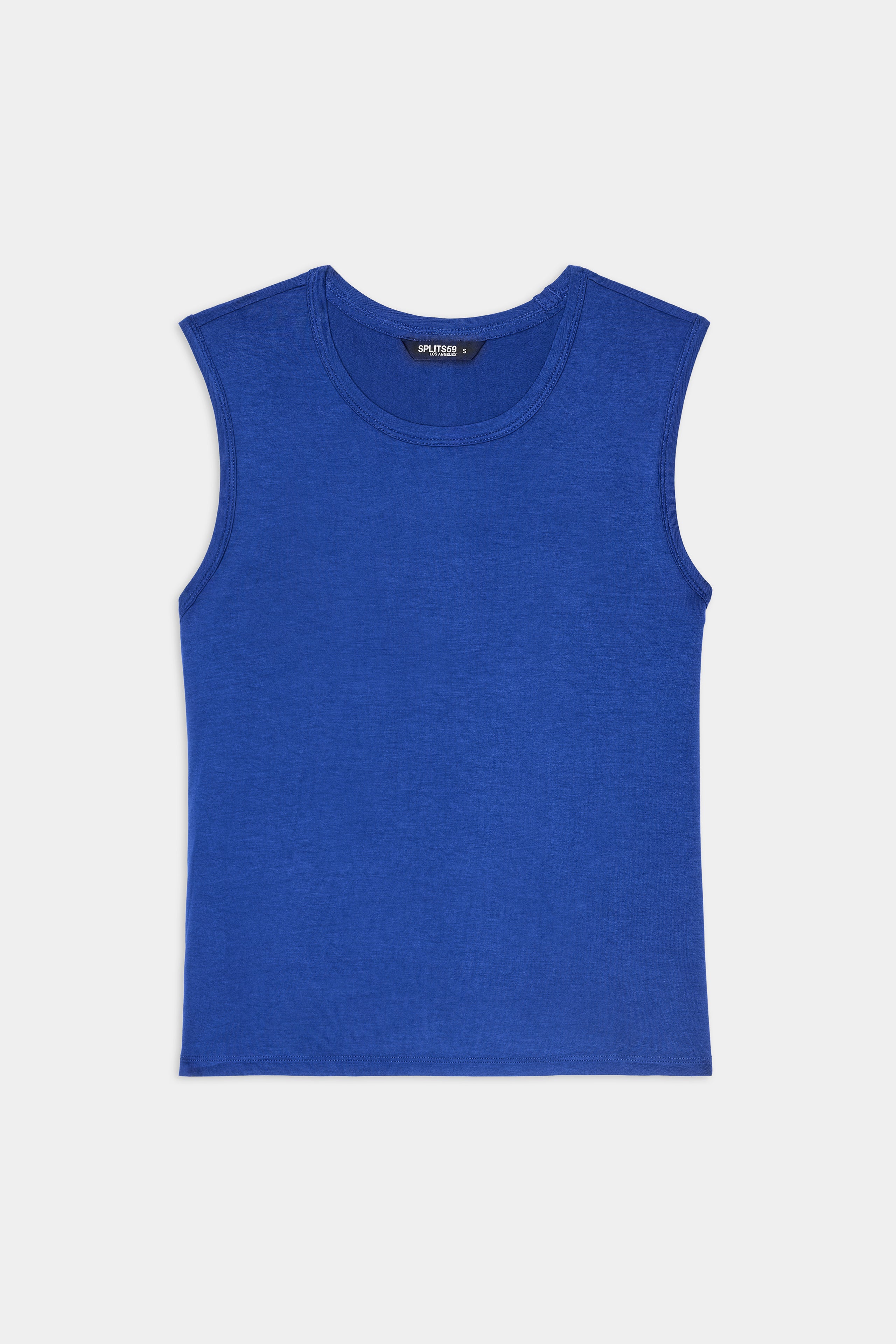The Nikki Jersey Tank - Cobalt by SPLITS59 is a sleeveless, crew-neck tank top in soft viscose, shown flat on a white background.